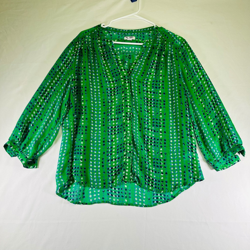 Old Navy Green Sheer Modern‎ Print 3/4 Sleeve Blouse Button Up Womens Large